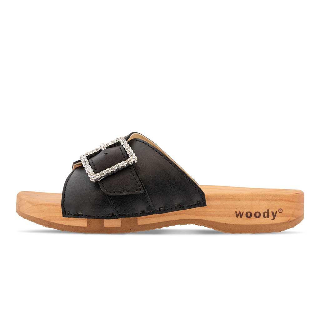 Amira Damen Clog Pantolette woody® - "Glam Line" - Schwarz mit Schmuck / 36