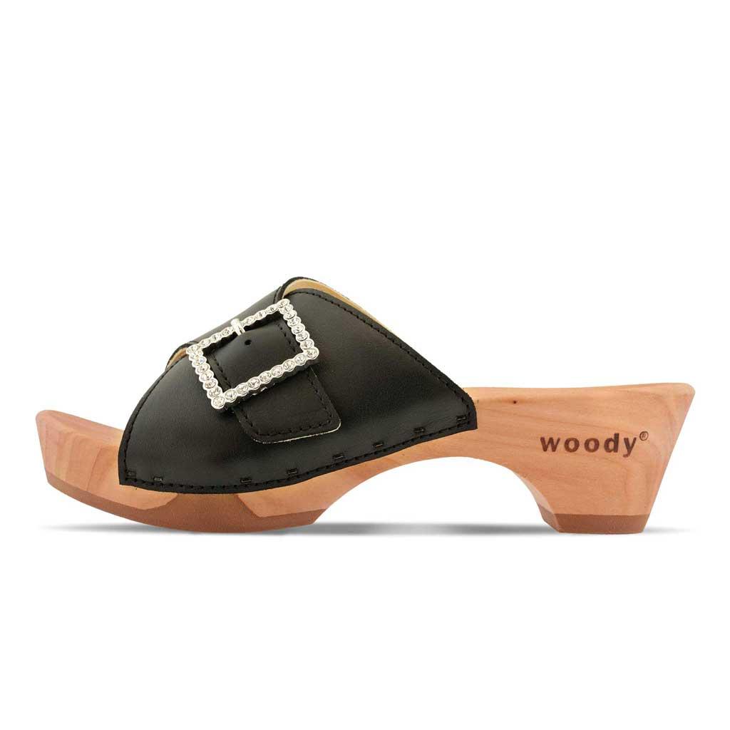 Romina Damen Clog Pantolette woody® - "Glam Line" - Schwarz mit Schmuck / 36