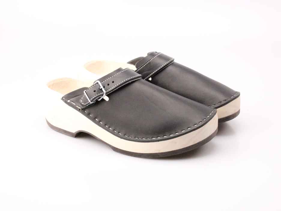 wooden shoes in leather with a buckle